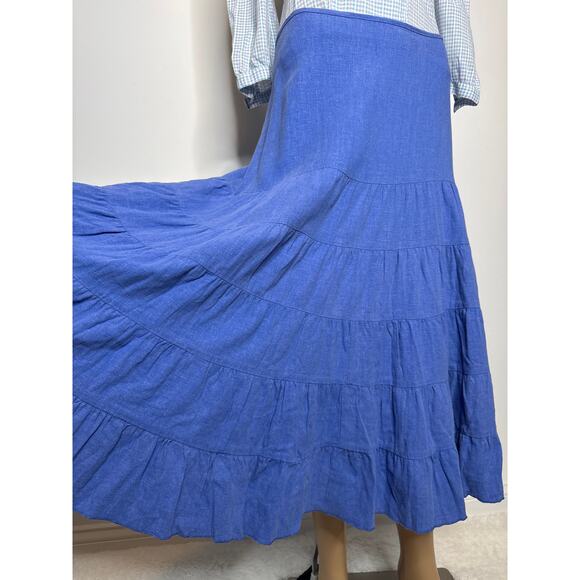 American Vintage Blue Linen Blend Tiered Maxi Skirt pull waist tie medium - Picture 5 of 11